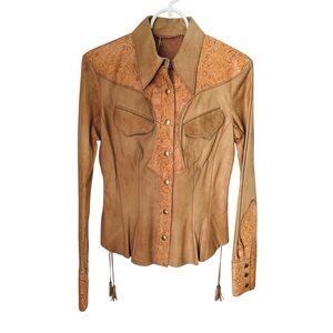 Roberto Cavalli - “Suede Donna Serpe”Tan Western Style Women's Button Down Shirt